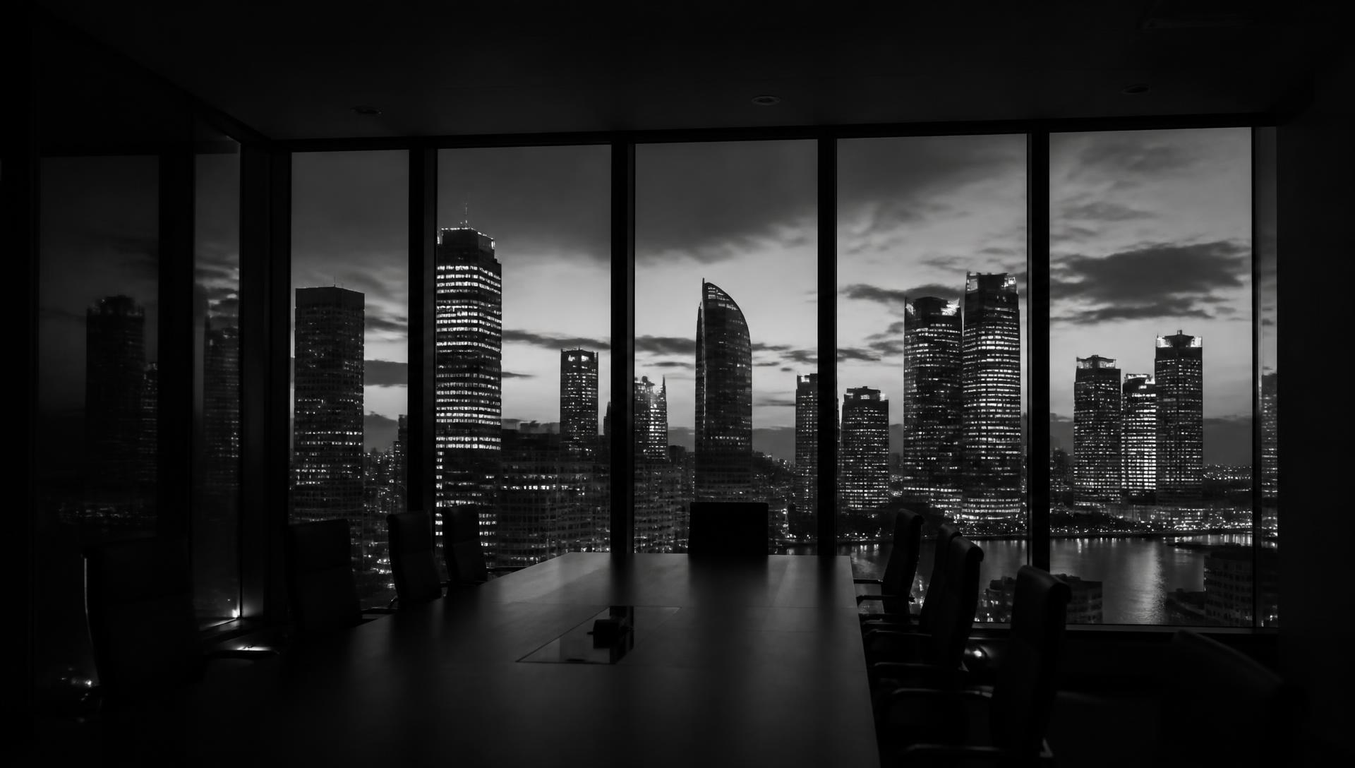 Skyline de um distrito financeiro visto de dentro de uma sala de reunião ao anoitecer, em preto e branco